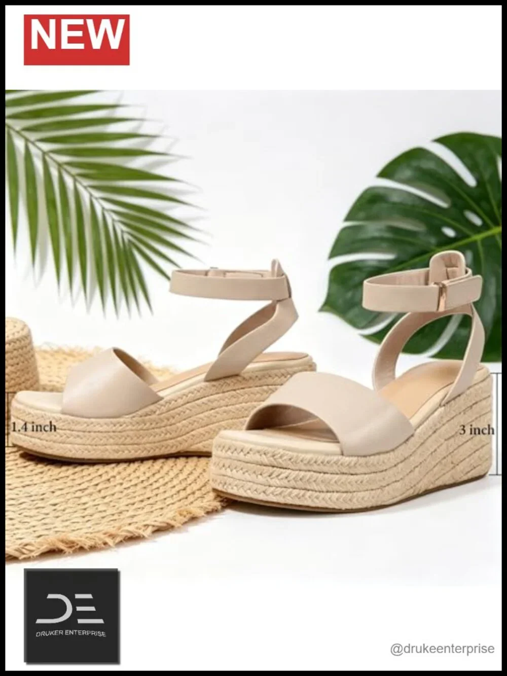 Espadrille Platform Wedge Sandals - Adjustable Slip-On - 3in Heel - Straw